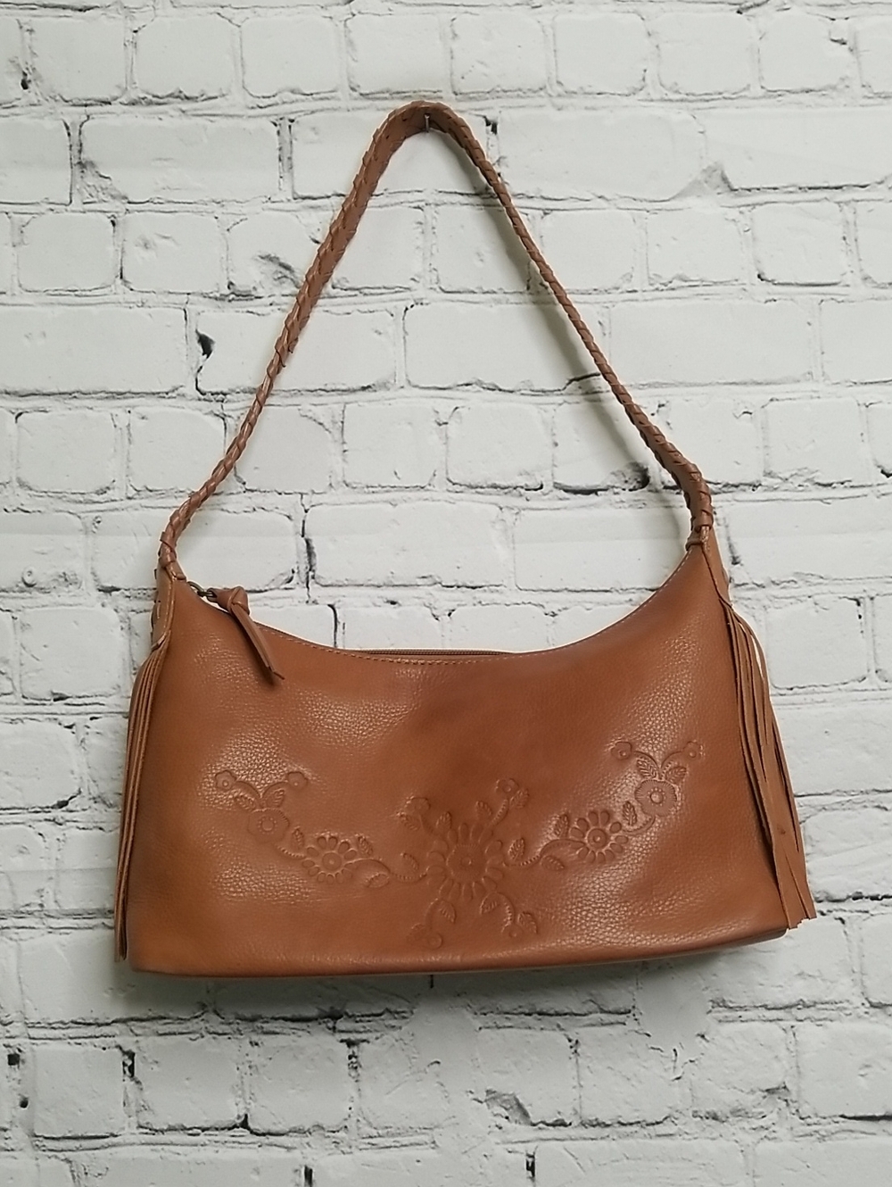 FOSSIL Vintage purse leather hand stamped floral design EUC
